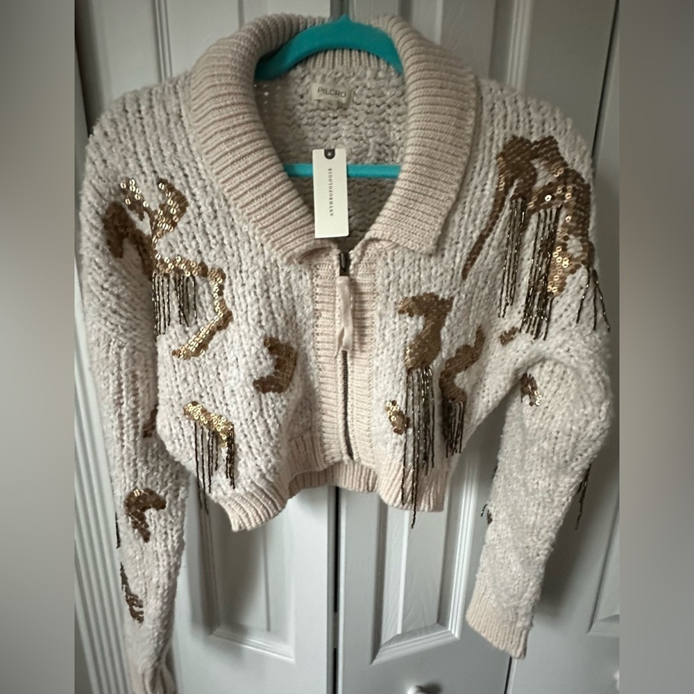 RARE ANTHROPOLOGIE NWT Sequin Cropped Cardigan Sweaterin Neutral-Size XS - Picture 5 of 13